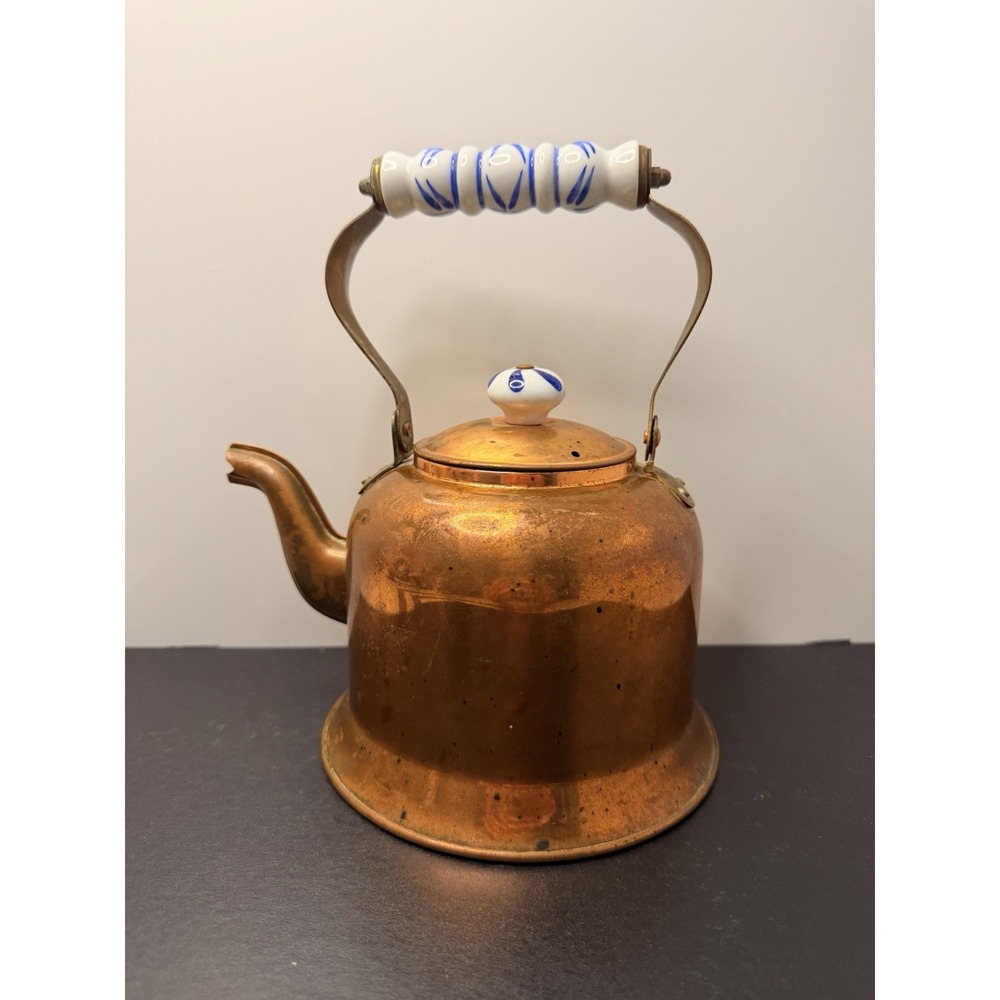 Vintage Copper Tea Kettle Delft Style Blue White Ceramic Handle Brass Accent Pot